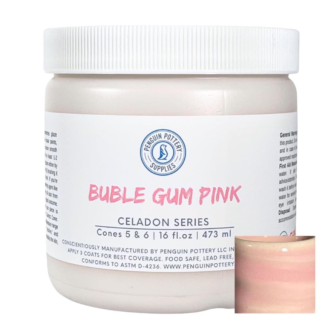 Penguin Pottery - Celadon Series - Bubble Gum Pink. Mid Fire Glaze for Clay, Pottery Glaze, Cone 5 and Cone 6 - Ceramic Glaze for Pottery (1 Pint | 16 oz | 473 ml)
