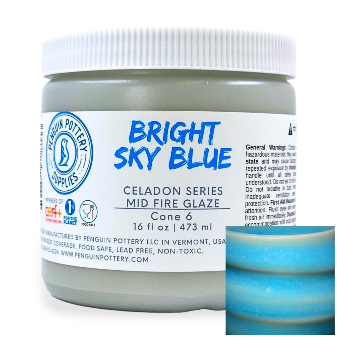 Penguin Pottery - Celadon Series - Bright Sky Blue - Mid Fire Glaze, High Fire Glaze, Cone 5-6 for Mid Fire Clay, High Fire Clay - Ceramic Glaze Pottery (1 Pint | 16 oz | 473 ml)