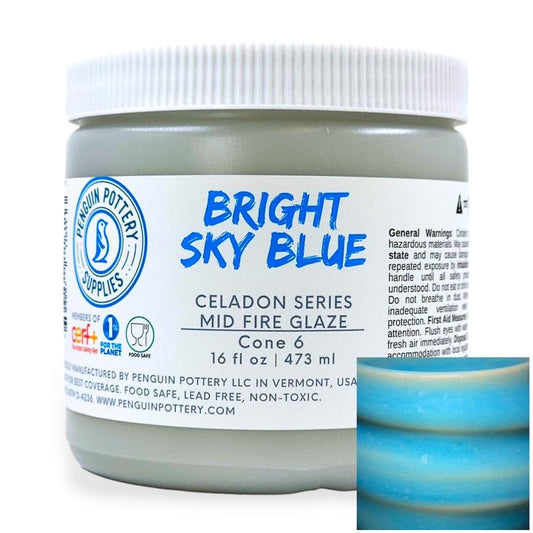 Penguin Pottery - Celadon Series - Bright Sky Blue - Mid Fire Glaze, High Fire Glaze, Cone 5-6 for Mid Fire Clay, High Fire Clay - Ceramic Glaze Pottery (1 Pint | 16 oz | 473 ml)