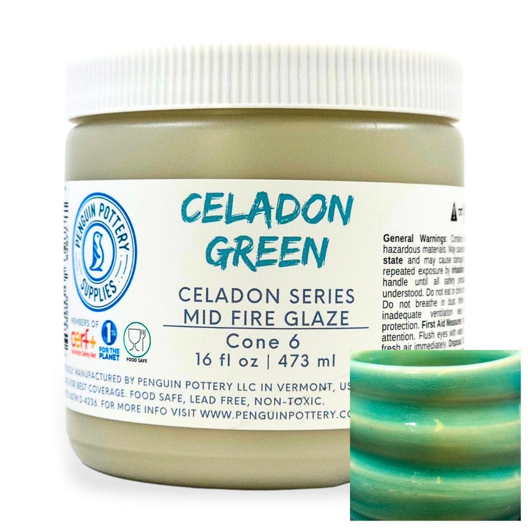 Penguin Pottery - Celadon Series - Green - Mid Fire Glaze, High Fire Glaze, Cone 5-6 for Mid Fire Clay, High Fire Clay - Ceramic Glaze Pottery (1 Pint | 16 oz | 473 ml)