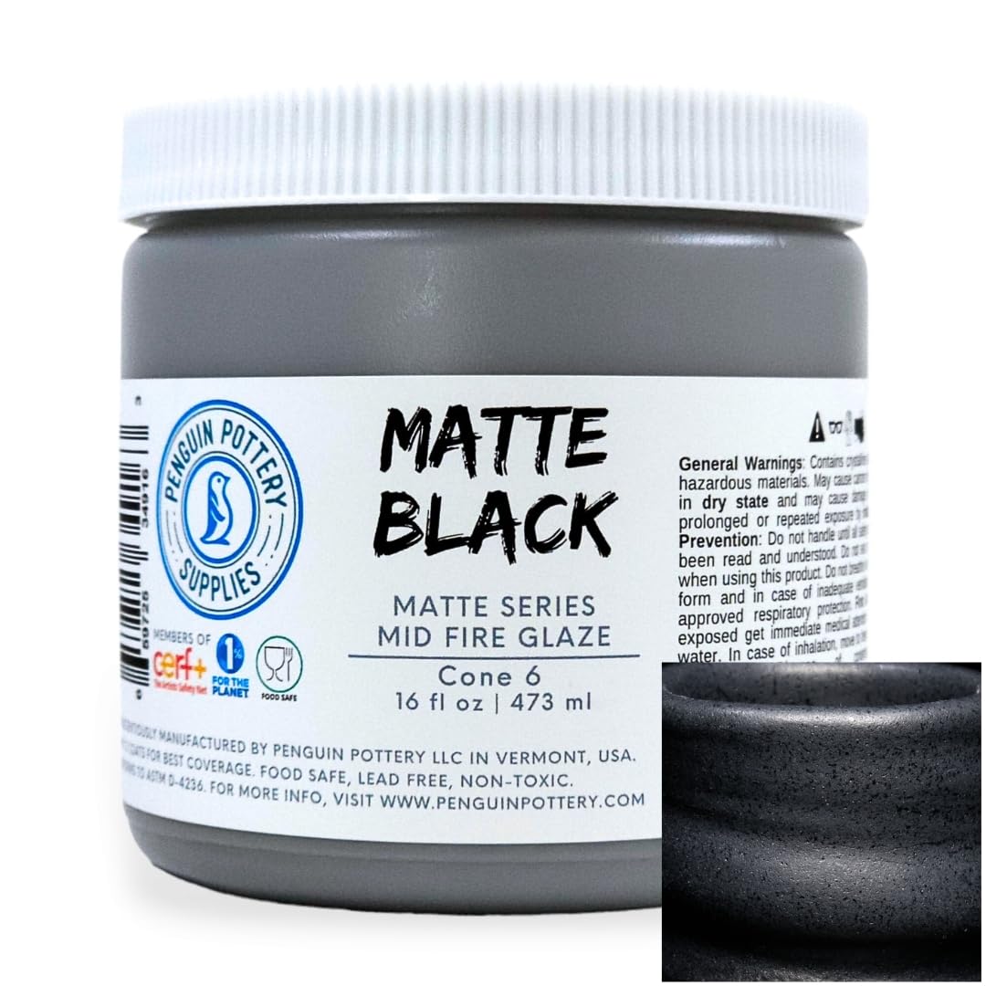 Penguin Pottery - Matte Series - Matte Black - Mid Fire Glaze, High Fire Glaze, Cone 5-6 for Mid Fire Clay, High Fire Clay - Ceramic Glaze Pottery (1 Pint | 16 oz | 473 ml)