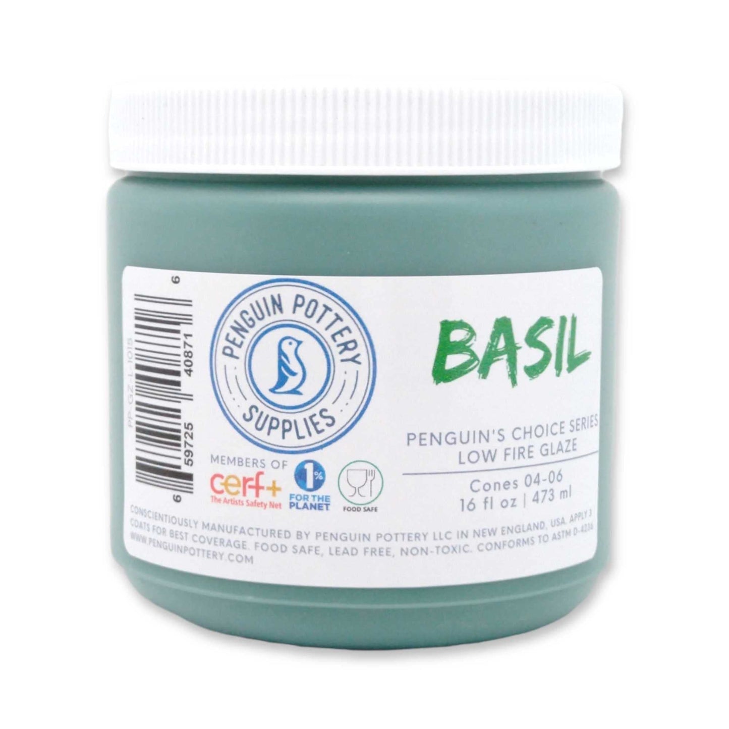 Penguin Pottery - Penguin's Choice Series - Basil - Low Fire Glaze Cone 06-04 for Low Fire Clay - Ceramic Glaze Pottery (1 Pint | 16 oz | 473 ml)