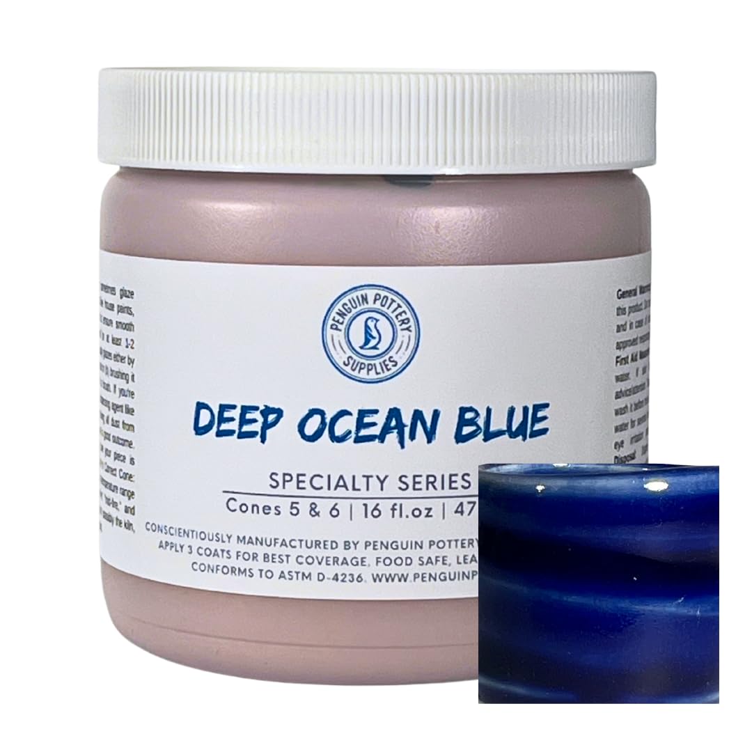 Penguin Pottery - Celadon Series - Deep Ocean Blue - Mid Fire Glaze, High Fire Glaze, Cone 5-6 for Mid Fire Clay, High Fire Clay - Ceramic Glaze Pottery (1 Pint | 16 oz | 473 ml)
