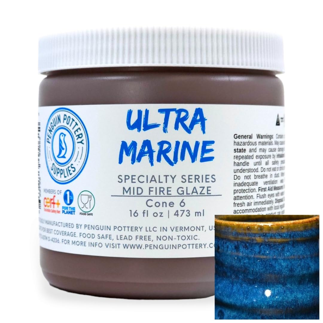 Penguin Pottery - Specialty Series - Ultra Marine Mid Fire Glaze for Clay, Pottery Glaze, Cone 5 and Cone 6 - Ceramic Glaze for Pottery (1 Pint | 16 oz | 473 ml)