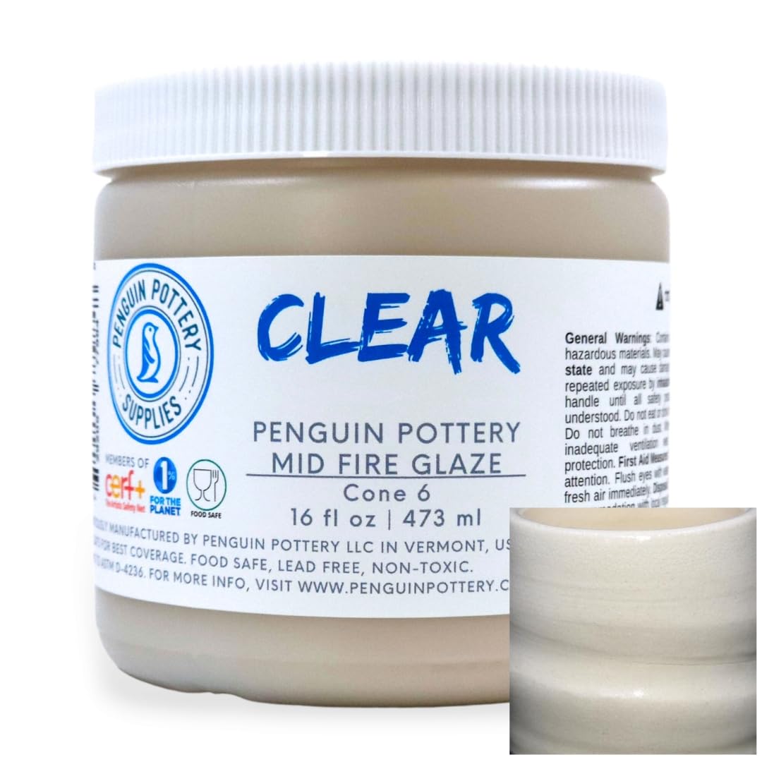 Penguin Pottery - Clear Glaze. Mid Fire Glaze for Clay, Pottery Glaze, Cone 5 and Cone 6 - Ceramic Glaze for Pottery (1 Pint | 16 oz | 473 ml)