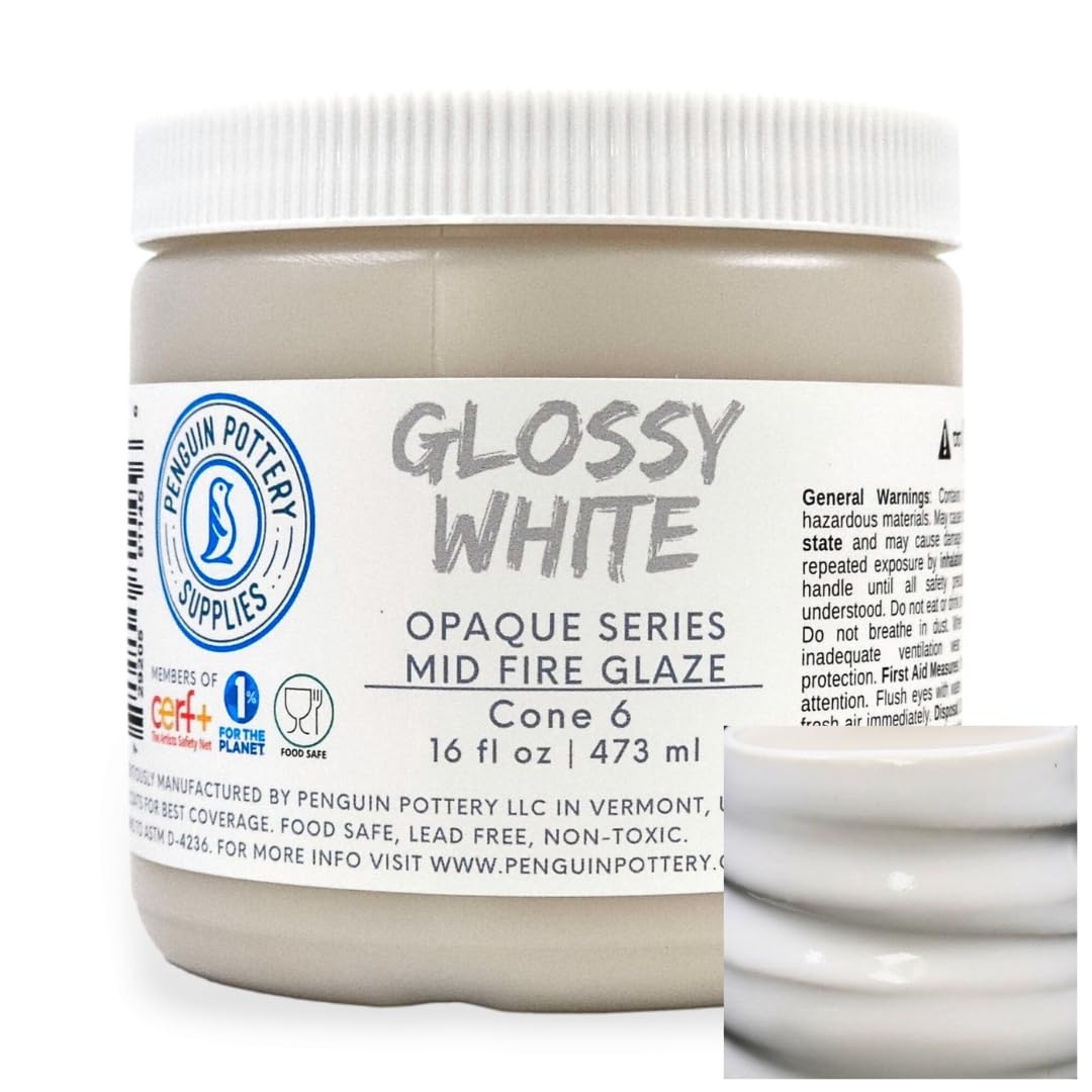 Penguin Pottery - Glossy Opaque White - Mid Fire Glaze, High Fire Glaze, Cone 5-6 for Mid Fire Clay, High Fire Clay - Ceramic Glaze Pottery (1 Pint | 16 oz | 473 ml)