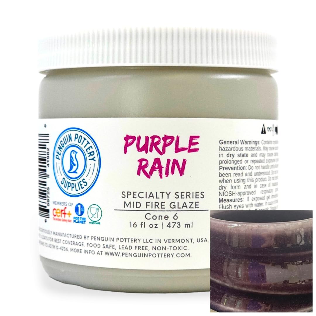 Penguin Pottery - Specialty Series - Purple Rain. Mid Fire Glaze for Clay, Pottery Glaze, Cone 5 and Cone 6 - Ceramic Glaze for Pottery (1 Pint | 16 oz | 473 ml)