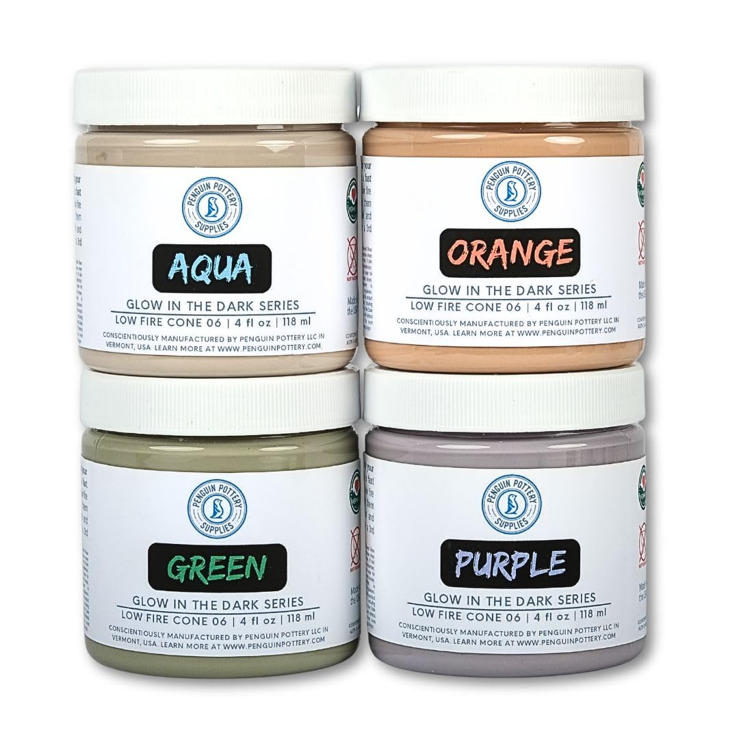 Penguin Pottery - Glow in The Dark Pottery Glaze - Variety Set 1 - Low Fire Glaze Cone 06 - Glow in The Dark Glaze for Ceramics - Aqua, Green, Orange, Purple