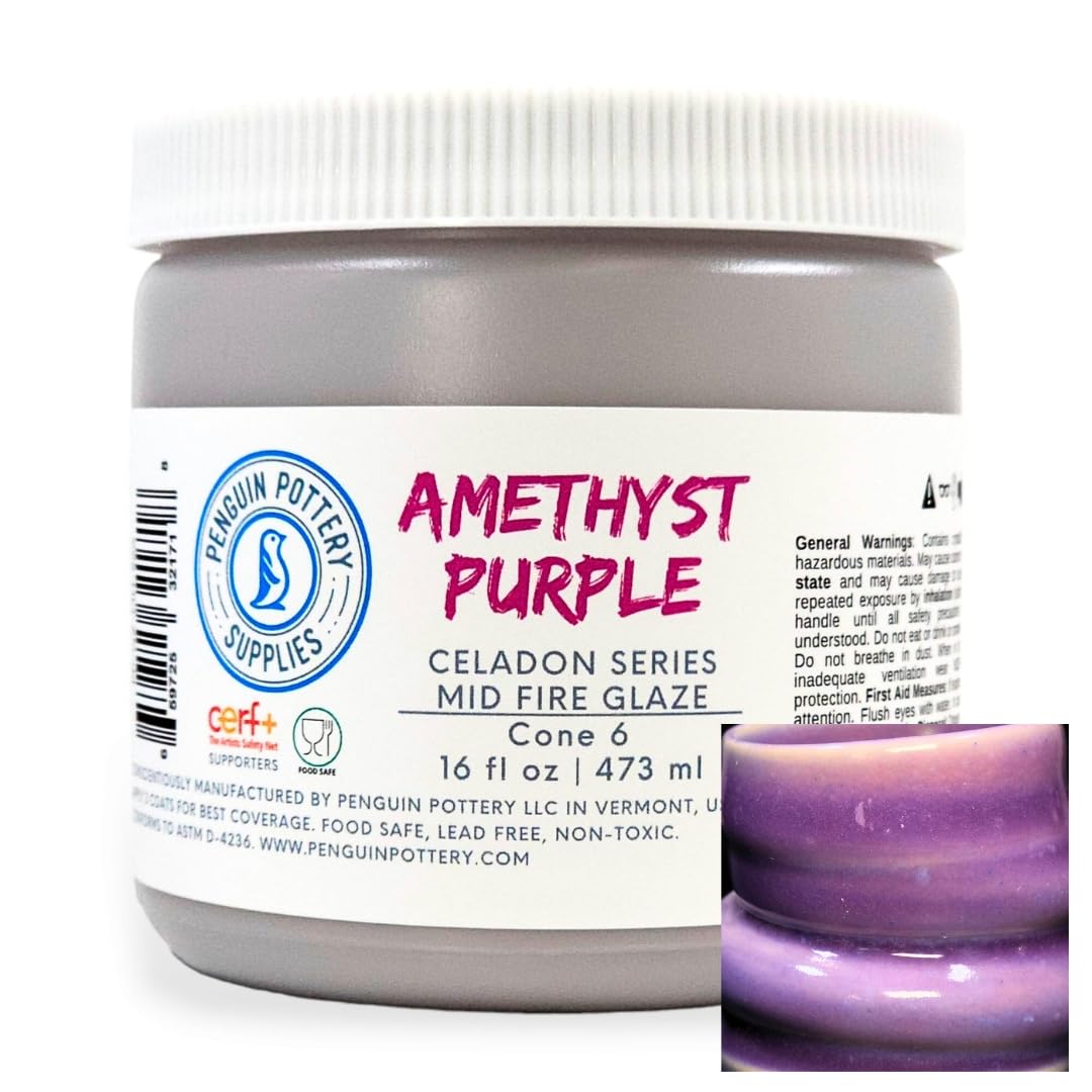 Penguin Pottery - Celadon Series - Glossy Translucent Amethyst - Mid Fire Glaze, High Fire Glaze, Cone 5-6 for Mid Fire Clay, High Fire Clay - Ceramic Glaze Pottery (1 Pint | 16 oz | 473 ml)