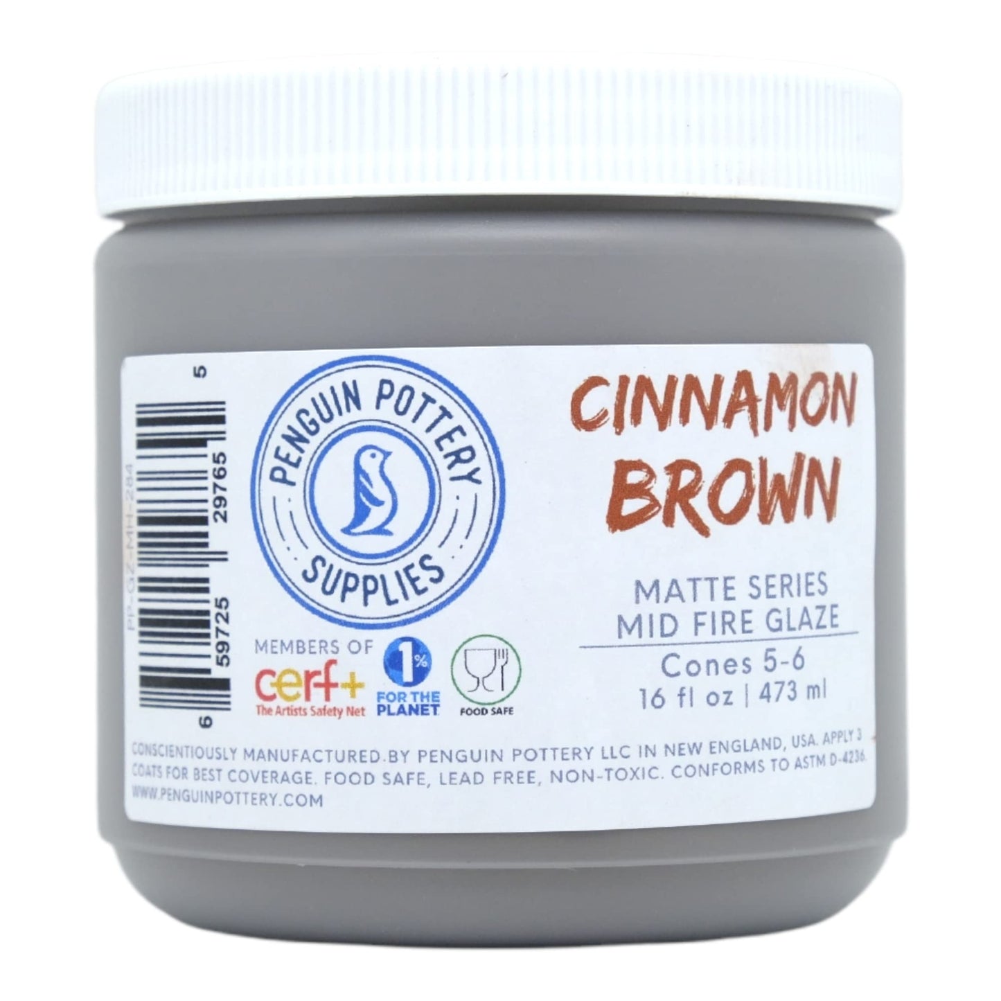 Penguin Pottery - Matte Series - Cinnamon Brown Matte. Mid Fire Glaze for Clay, Pottery Glaze, Cone 5 and Cone 6 - Ceramic Glaze for Pottery (1 Pint | 16 oz | 473 ml)
