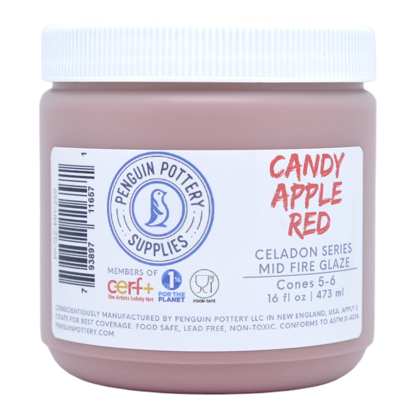Penguin Pottery - Celadon Series - Candy Apple Red - Mid Fire Glaze, High Fire Glaze, Cone 5-6 for Mid Fire Clay, High Fire Clay - Ceramic Glaze Pottery (1 Pint | 16 oz | 473 ml)