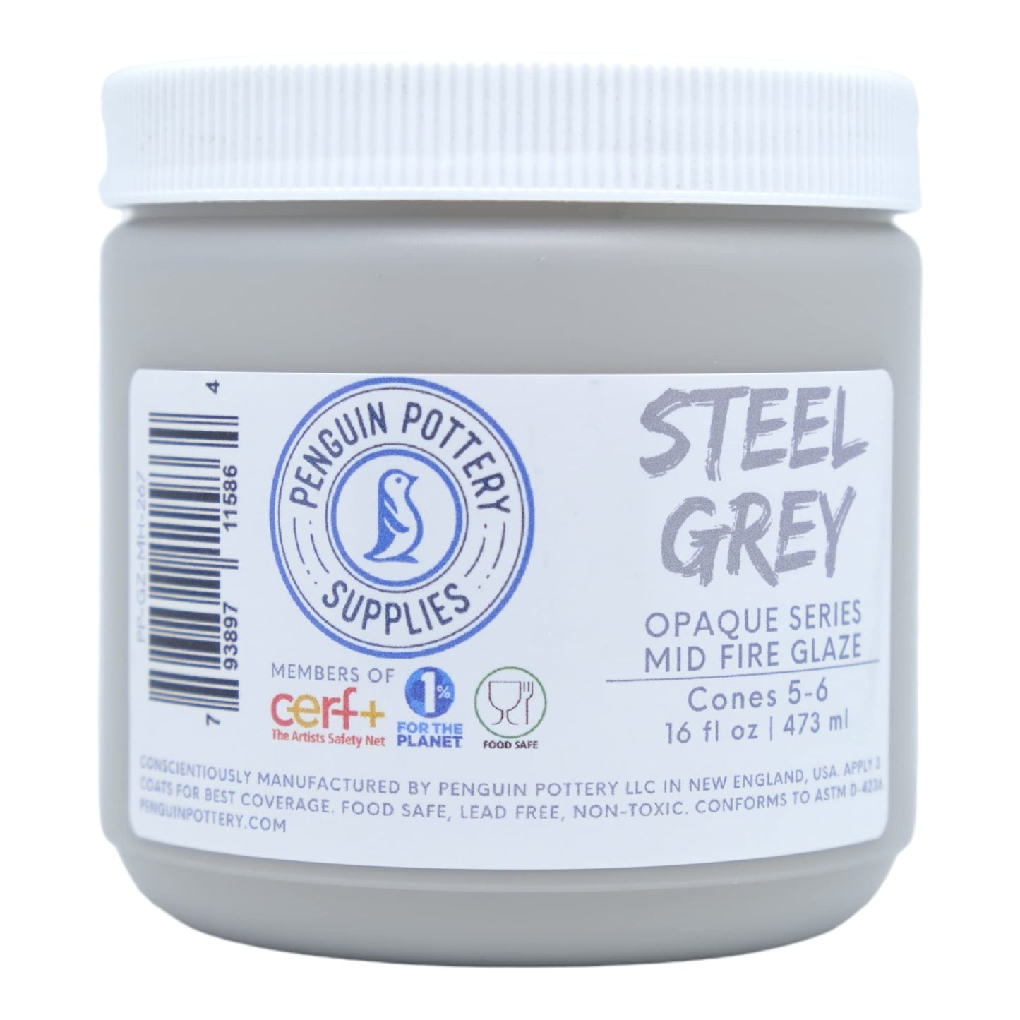 Penguin Pottery - Opaque Series - Steel Grey - Mid Fire Glaze, High Fire Glaze, Cone 5-6 for Mid Fire Clay, High Fire Clay - Ceramic Glaze Pottery (1 Pint | 16 oz | 473 ml)