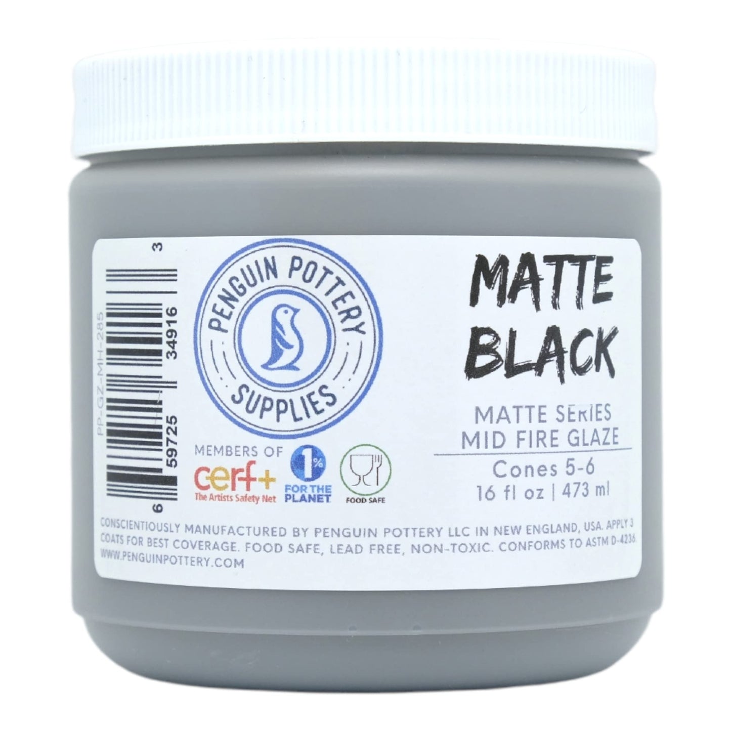 Penguin Pottery - Matte Series - Matte Black - Mid Fire Glaze, High Fire Glaze, Cone 5-6 for Mid Fire Clay, High Fire Clay - Ceramic Glaze Pottery (1 Pint | 16 oz | 473 ml)