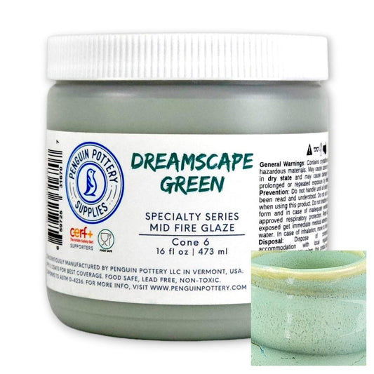 Penguin Pottery - Specialty Series - Dreamscape Green. Mid Fire Glaze for Clay, Pottery Glaze, Cone 5 and Cone 6 - Ceramic Glaze for Pottery (1 Pint | 16 oz | 473 ml)