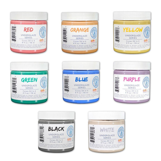 Penguin Pottery - Underglaze for Ceramics - 8-Color Underglaze Variety Set (4oz Jars) - Underglaze Cone 04 to Cone 6 - Paint Colors for Clay, Bisque - Under Glaze for Pottery - Low Fire to Mid Fire