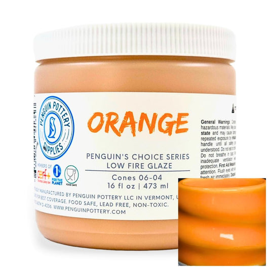 Penguin Pottery - Penguin's Choice Series - Orange - Low Fire Glaze Cone 06-04 for Low Fire Clay - Ceramic Glaze Pottery (1 Pint | 16 oz | 473 ml)