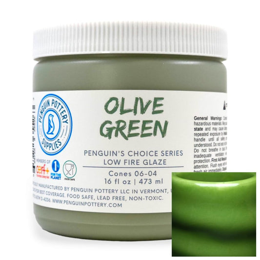 Penguin Pottery - Penguin's Choice Series - Olive Green - Low Fire Glaze Cone 06-04 for Low Fire Clay - Ceramic Glaze Pottery (1 Pint | 16 oz | 473 ml)