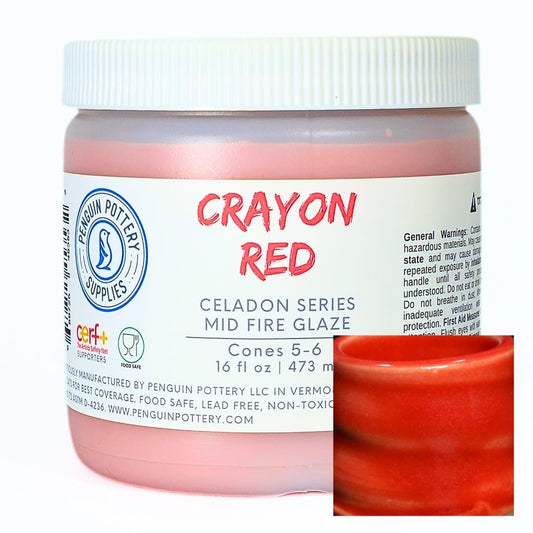 Penguin Pottery - Celadon Series - Crayon Red. Mid Fire Glaze for Clay, Pottery Glaze, Cone 5 and Cone 6 - Ceramic Glaze for Pottery (1 Pint | 16 oz | 473 ml)