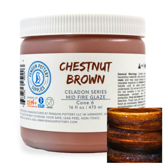 Penguin Pottery - Celadon Series - Glossy Chestnut Brown. Mid Fire Glaze for Clay, Pottery Glaze, Cone 5 and Cone 6 - Ceramic Glaze for Pottery (1 Pint | 16 oz | 473 ml)