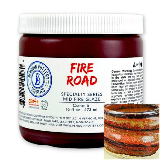Penguin Pottery - Specialty Series - Fire Road. Mid Fire Glaze for Clay, Pottery Glaze, Cone 5 and Cone 6 - Ceramic Glaze for Pottery (1 Pint | 16 oz | 473 ml)