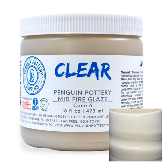 Penguin Pottery - Clear Glaze. Mid Fire Glaze for Clay, Pottery Glaze, Cone 5 and Cone 6 - Ceramic Glaze for Pottery (1 Pint | 16 oz | 473 ml)