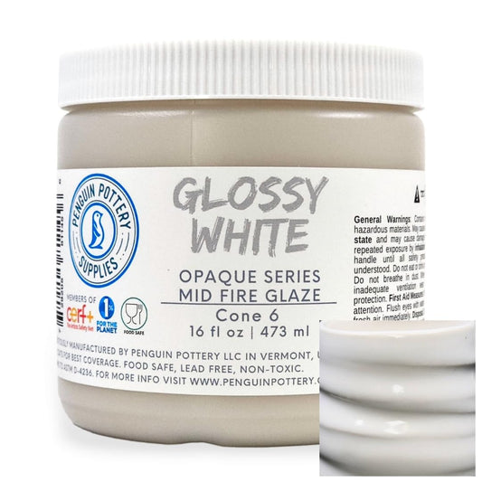 Penguin Pottery - Glossy Opaque White - Mid Fire Glaze, High Fire Glaze, Cone 5-6 for Mid Fire Clay, High Fire Clay - Ceramic Glaze Pottery (1 Pint | 16 oz | 473 ml)