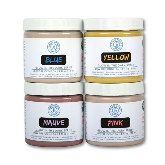 Penguin Pottery - Glow in The Dark Pottery Glaze - Variety Set 2 - Low Fire Glaze Cone 06 - Glow in The Dark Glaze for Ceramics - Blue, Mauve, Pink, Yellow