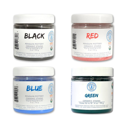 Penguin Pottery - Variety Set of 4 Ceramic Stains - 6 oz Black, 4 oz Each of Red, Blue and Green - Colorants for Clay, glazes, Clay Slip Pottery Glaze, Ceramic Glaze