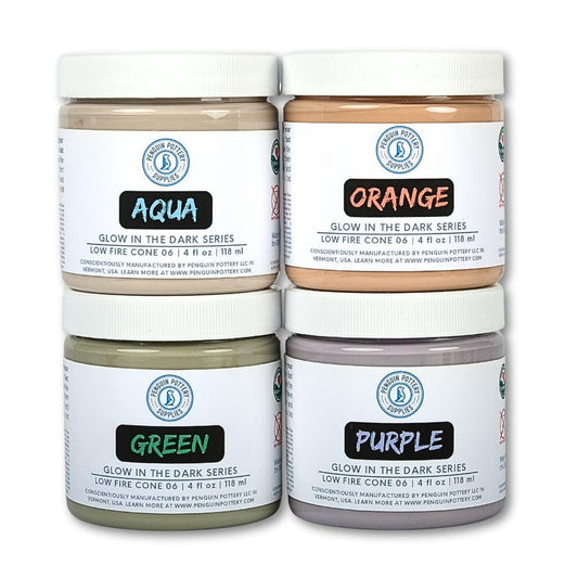 Penguin Pottery - Glow in The Dark Pottery Glaze - Variety Set 1 - Low Fire Glaze Cone 06 - Glow in The Dark Glaze for Ceramics - Aqua, Green, Orange, Purple