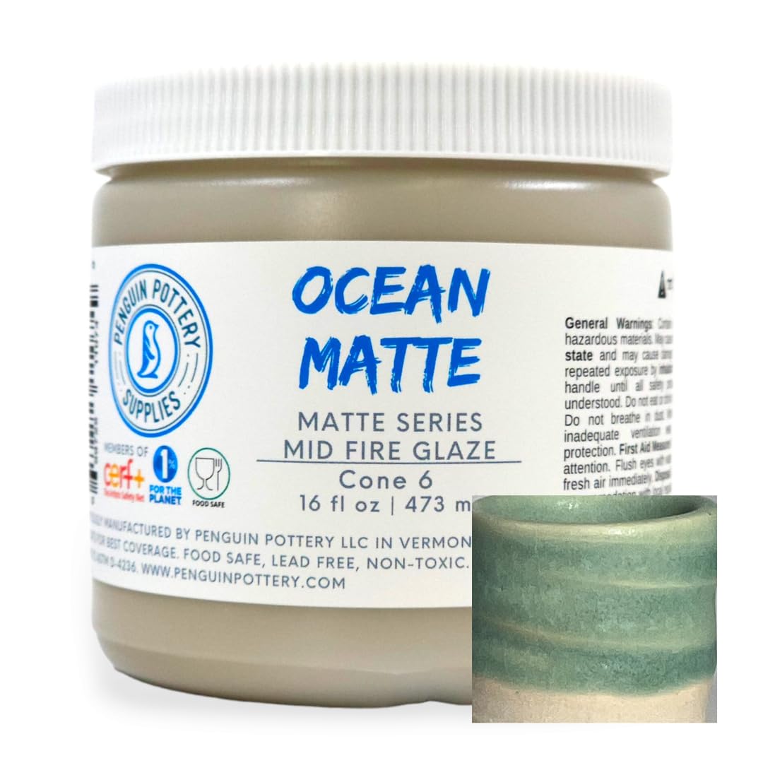 Penguin Pottery - Matte Series - Ocean Matte. Mid Fire Glaze for Clay, Pottery Glaze, Cone 5 and Cone 6 - Ceramic Glaze for Pottery (1 Pint | 16 oz | 473 ml)