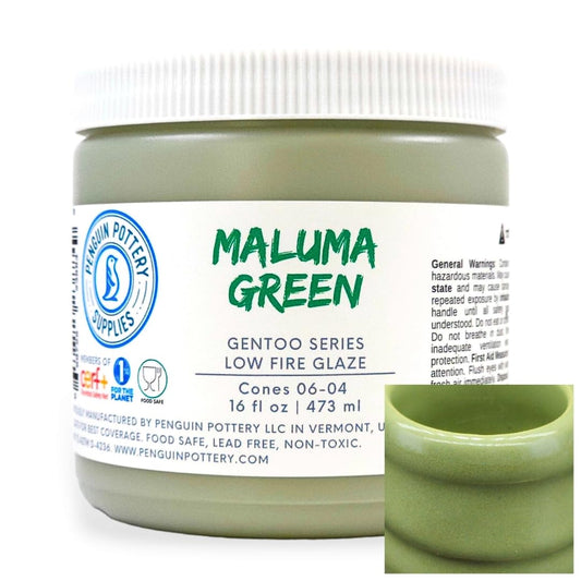 Penguin Pottery - Gentoo Series - Maluma Green - Low Fire Glaze Cone 06-04 for Low Fire Clay - Ceramic Glaze Pottery (1 Pint | 16 oz | 473 ml)