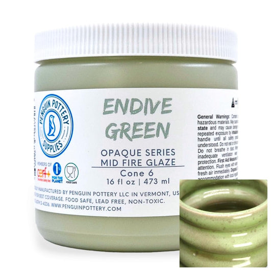 Penguin Pottery - Opaque Series - Endive Green - Mid Fire Glaze, High Fire Glaze, Cone 5-6 for Mid Fire Clay, High Fire Clay - Ceramic Glaze Pottery (1 Pint | 16 oz | 473 ml)