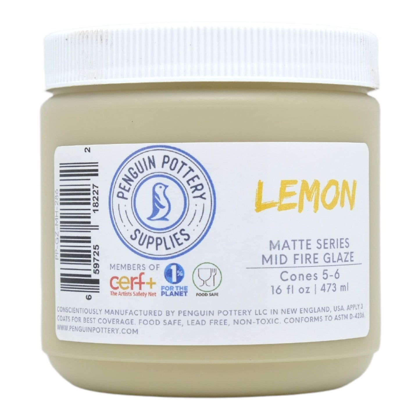 Penguin Pottery - Matte Series - Lemon Matte - Mid Fire Glaze, High Fire Glaze, Cone 5-6 for Mid Fire Clay, High Fire Clay - Ceramic Glaze Pottery (1 Pint | 16 oz | 473 ml)