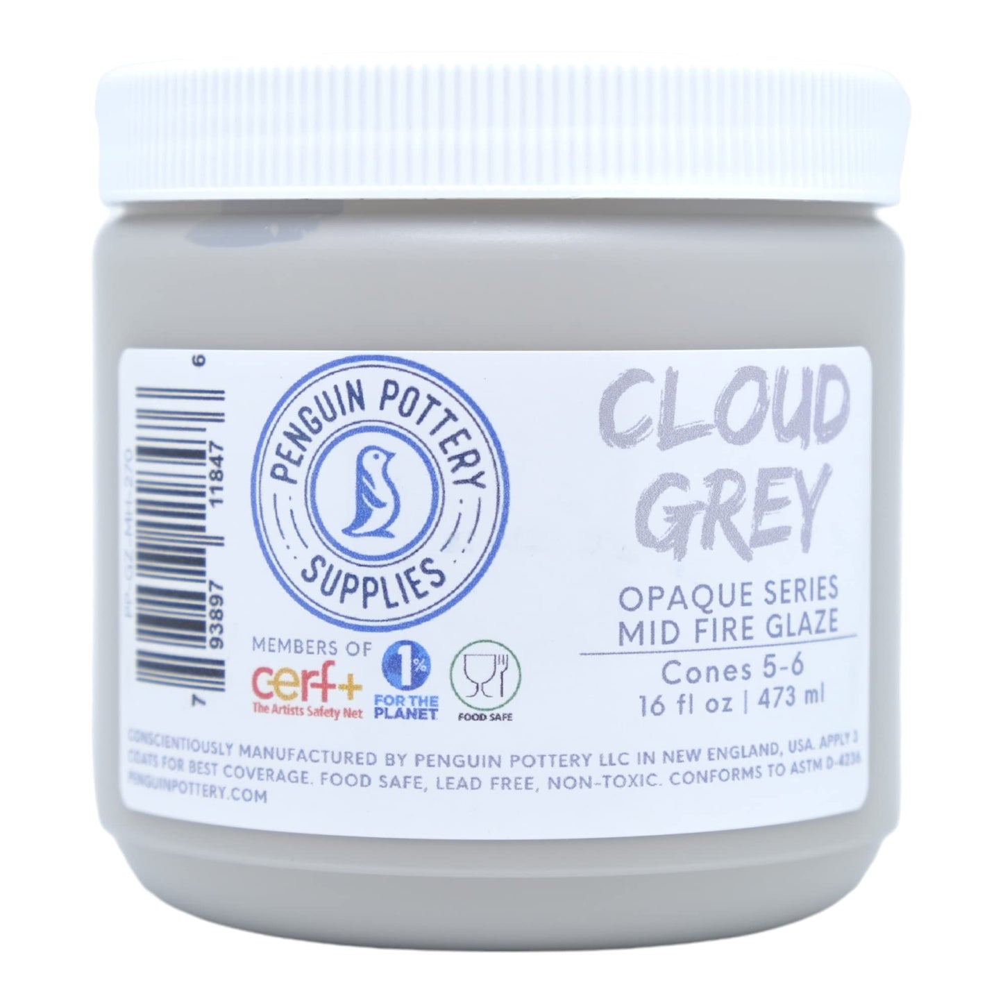 Penguin Pottery - Opaque Series - Cloud Grey - Mid Fire Glaze, High Fire Glaze, Cone 5-6 for Mid Fire Clay, High Fire Clay - Ceramic Glaze Pottery (1 Pint | 16 oz | 473 ml)