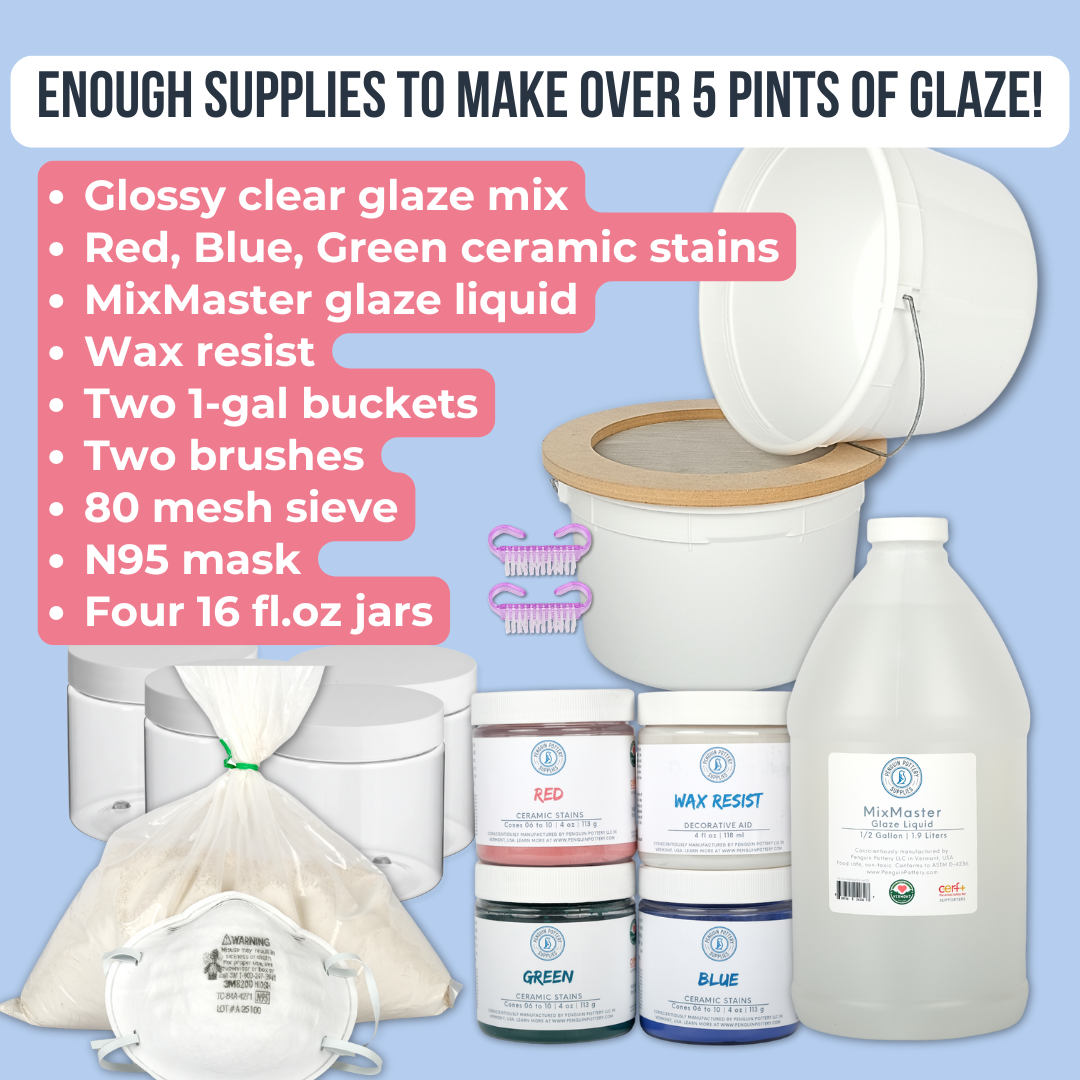 Penguin Pottery - Make-Your-Own Glaze Kit #1. DIY Mid Fire Glossy Ceramic Glaze Kit. Includes Everything You Need to Customize Your Pottery Glaze - Learn How to Make Glazes - Gift Box for Potters