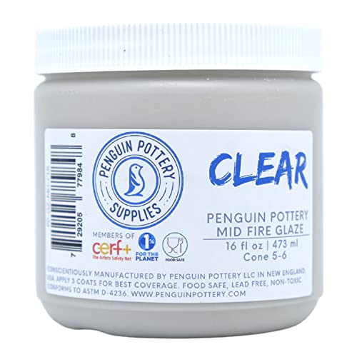 Penguin Pottery - Clear Glaze - Mid Fire Glaze Cone 6 for Mid Fire Clay, High Fire Clay - (1 Pint | 16 oz | 473 ml)