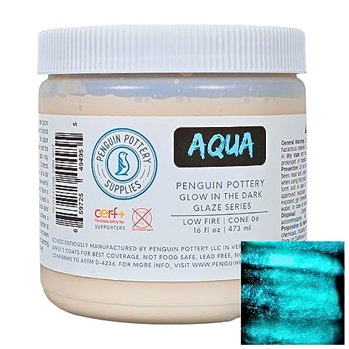 Penguin Pottery - Glow in the Dark Pottery Glaze - Aqua - Low Fire Glaze Cone 06 - Glow in the Dark Paint for Ceramics (16 oz | 473 ml)